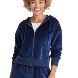 Universal Thread Women's Velour Hooded Full Zip Jacket Navy Blue Large NEW